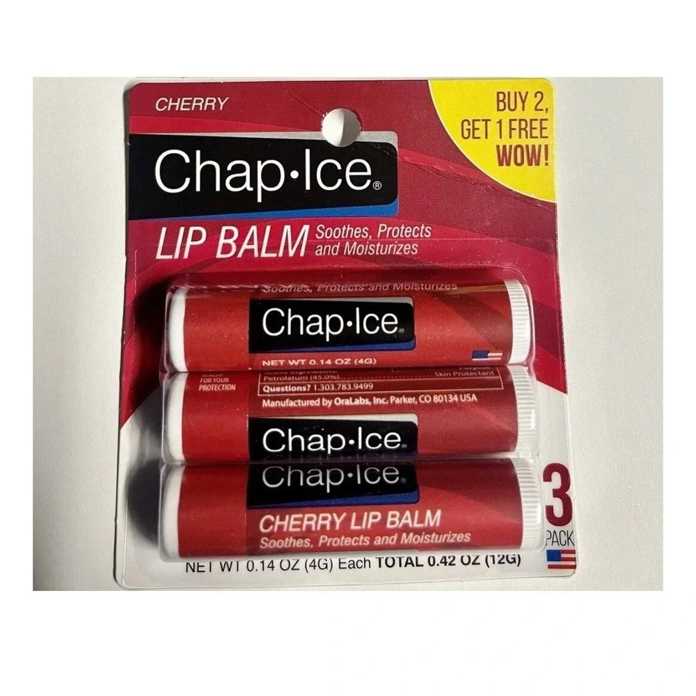 👄Chap Ice Cherry l Lip Balm Soothes,Protects and Moristurize, 1 - pack of 3